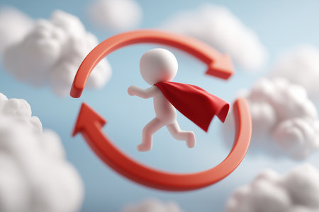 A small superhero with a red cape runs inside a circular arrow symbol. Represents continuous improvement, cycles, agility, and dynamic processes.の素材