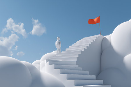 A 3D character stands at the base of a long, white staircase that leads up to a flag high in the clouds, symbolizing the beginning of a journey to success.の素材