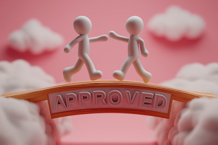Two characters walk across a bridge with the word APPROVED over pink clouds. A business concept for a successful partnership, deal, agreement, and collaboration.の素材