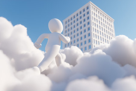 A 3D character runs through clouds towards a large white building, symbolizing ambition, career goals, and the path to corporate success.の素材
