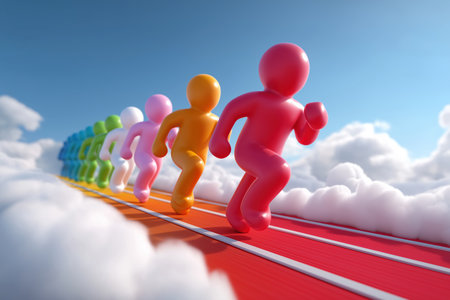 A line of colorful 3D characters runs in a race on a red track that floats among the clouds, symbolizing business competition and the drive to succeed.の素材