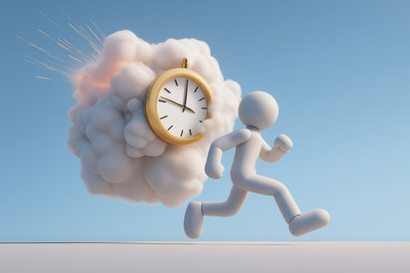A 3D person is in a race against time, running away from a clock that is exploding within a cloud. Symbolizes deadlines, pressure, stress, and time management.の素材