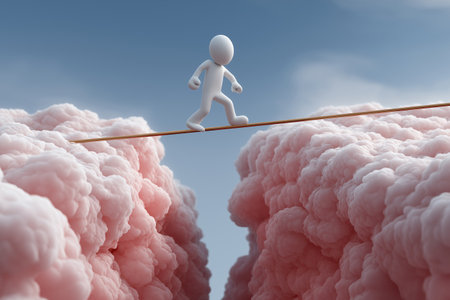 A courageous 3D figure carefully balances while walking on a rope stretched between two large pink clouds. Symbolizes risk, challenge, and determination.の素材