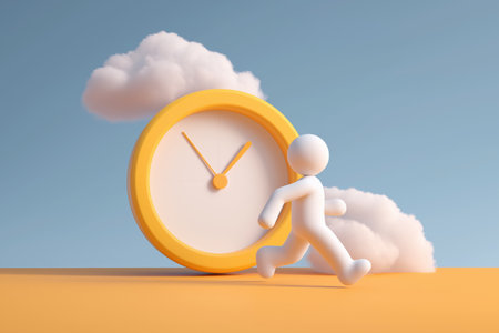 A 3D person is running past a large, simple clock. This illustrates the concept of time management, deadlines, urgency, and the passage of time.の素材