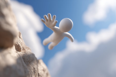 A 3D figure is shown falling through the air from a steep cliff edge, symbolizing failure, danger, risk, or letting go.の素材