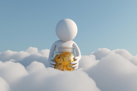 A person sits in the clouds holding a glass jar filled with gold coins. A business concept for savings, investment, wealth, financial security, and profit.の素材