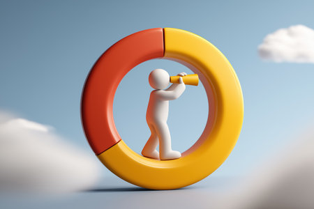 A 3D person stands inside a round pie chart and looks through a telescope. Represents market research, financial analysis, forecasting, and business intelligence.の素材