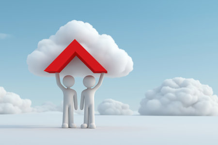 Two abstract white figures collaborated to lift a red roof element under a blue sky, symbolizing home, security, real estate business, insurance, and protection.の素材