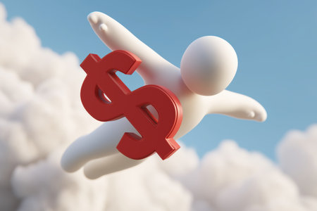 A white character flies through the sky holding a large red dollar sign. A business concept for financial freedom, success, wealth, and investment growth.の素材