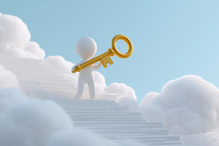 A 3D character stands on a white staircase leading into the clouds, holding a large golden key. This represents finding the key to success and opportunity.の素材