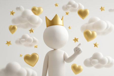 A 3D figure wearing a crown is surrounded by floating gold hearts and stars, representing self-love, high self-esteem, success, and being a VIP customer.の素材