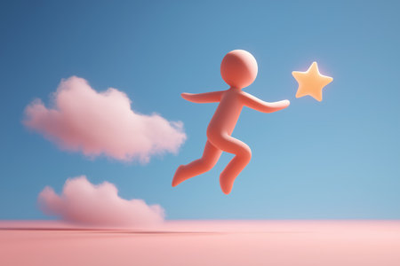 A pink 3D figure joyfully leaps or flies through a pink and blue sky, reaching out to catch a falling star, symbolizing chasing dreams and aspirations.の素材