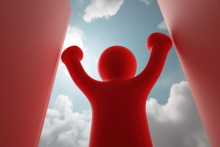A red character stands with arms raised in victory between two opening doors. A business concept for new opportunities, success, breakthroughs, and finding solutions.の素材