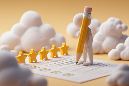 A 3D figure uses a large pencil to check off a five-star rating on a survey or review form, representing excellent customer satisfaction and positive feedback.の素材