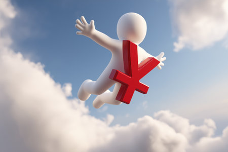 A 3D character is propelled through the clouds by a large red Japanese Yen or Chinese Yuan symbol, representing financial success, currency, and economic boom.の素材