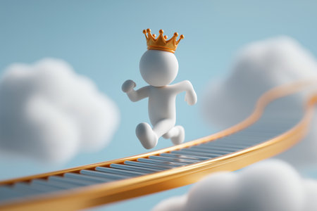 A character wearing a crown runs on a golden track in the sky, symbolizing a fast-paced journey to leadership, market dominance, and ultimate business success.の素材