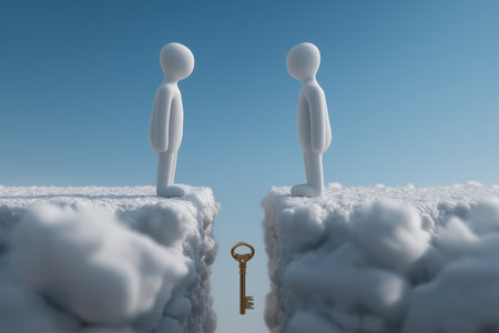 Two characters face each other across a chasm with a key below. A business concept for a business problem, a communication gap, and the key to a solution.の素材
