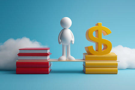 A character stands on a bridge made of books, connecting stacks of books (knowledge) to a dollar sign (wealth), showing how education leads to income.の素材