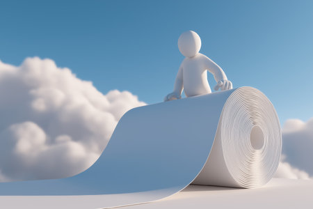 A 3D character stands on a giant roll of paper, unraveling it against a sky background. A concept for business planning, strategy, and long-term projects.の素材