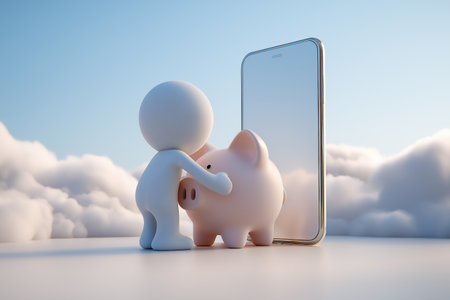 A 3D character hugs a piggy bank next to a large mobile phone, symbolizing online banking, digital savings accounts, and mobile financial management.の素材