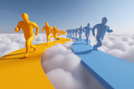 A yellow team and a blue team run on separate arrow paths in the sky. A business concept for market competition, strategy, different approaches, and racing for success.の素材