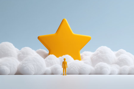 A tiny character stands in front of a huge yellow star rising from the clouds, symbolizing big dreams, ambition, goals, and the pursuit of success or fame.の素材