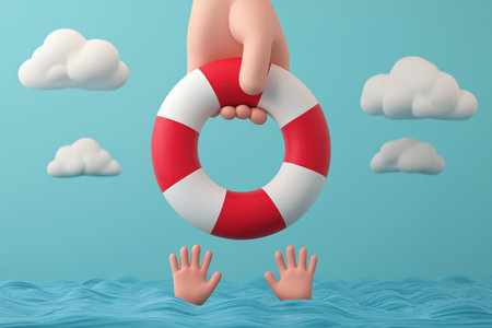 A large hand offers a lifebuoy to a pair of hands in the water, symbolizing business support, help in a crisis, financial aid, insurance, and finding a solution.の素材