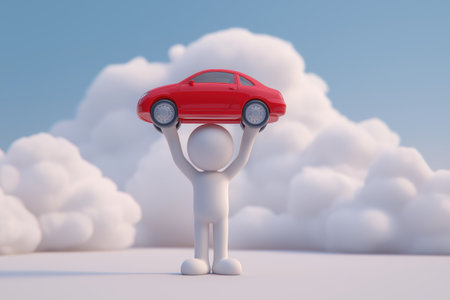 A 3D character proudly lifts a new red car above his head under a blue sky, representing the achievement of a major goal, success, and the reward of hard work.の素材