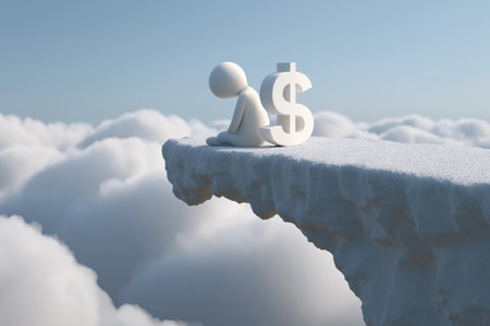 A dejected 3D character sits next to a dollar symbol on the edge of a snowy cliff above the clouds, a metaphor for financial crisis, loss, or depression.の素材