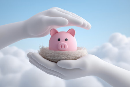 Two hands protect a pink piggy bank in a nest. A business concept for financial security, protecting savings, safe investment, and wealth management.の素材