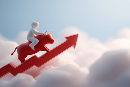 A character rides a red bull up a rising arrow graph, symbolizing a bullish stock market, financial growth, and successful investment strategies.の素材