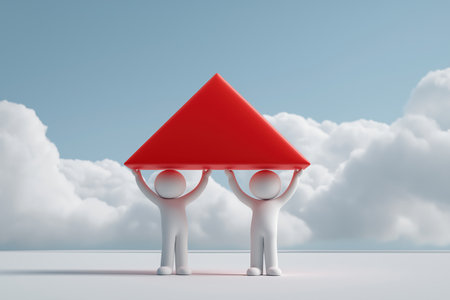 Two abstract hold characters a red triangular roof, symbolizing teamwork, security, collaboration, real estate, and building a successful business together.の素材