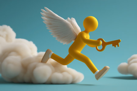 A yellow 3D character with wings and a key runs through the clouds, a metaphor for a fast solution, seizing a key opportunity, or a business angel's help.の素材