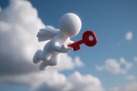 A 3D character with wings flies through the clouds holding a large red key, symbolizing a key business opportunity, a secret to success, or a vital solution.の素材
