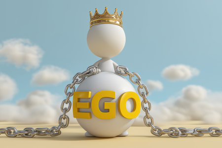 A 3D figure wearing a king's crown is chained to a heavy ball with the word 'EGO' on it, symbolizing how arrogance and ego can be a burden.の素材