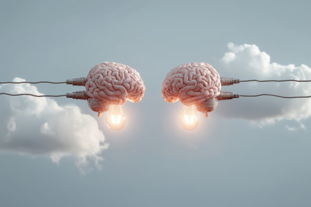 Two brains connected by wires power glowing light bulbs, representing collaborative thinking, shared intelligence, and generating innovative ideas together.の素材