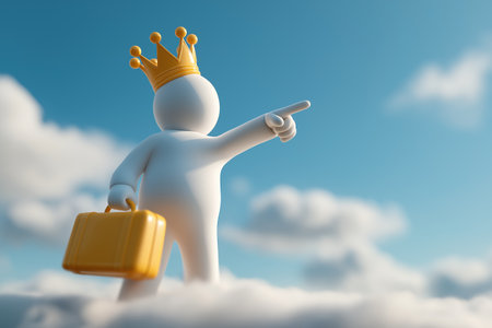 A 3D figure wearing a gold crown and holding a briefcase stands on clouds, pointing forward. This symbolizes leadership, business vision, and future goals.の素材
