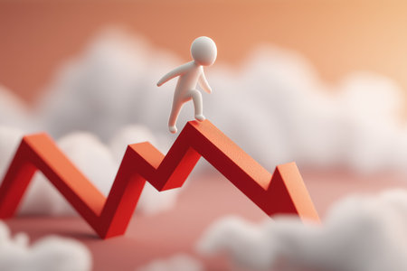 A character carefully balances on a declining red arrow graph, representing the challenges of navigating a financial crisis and managing market risks.の素材