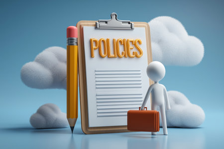 A 3D character with a briefcase stands next to a large clipboard with the word 'POLICIES' written on it, symbolizing rules, regulations, and compliance.の素材