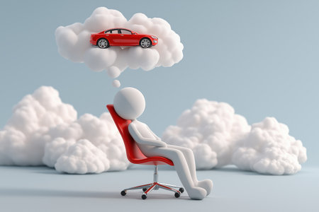 A 3D person leans back in a red office chair with a thought bubble showing a red car, representing business goals, motivation, and dreaming of success.の素材