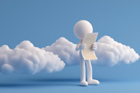 A 3D character stands among the clouds, carefully reading a financial report or business contract, symbolizing analysis, planning, and due diligence.の素材