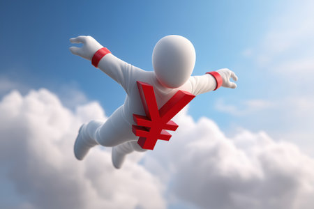 A character dressed as a superhero flies with a large red Yen or Yuan symbol on their chest, symbolizing financial power and market strength in Asia.の素材