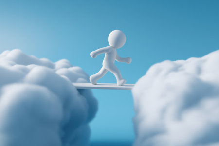 A character confidently walks across a simple bridge spanning a gap between clouds, representing an easy solution, overcoming challenges, and progress.の素材