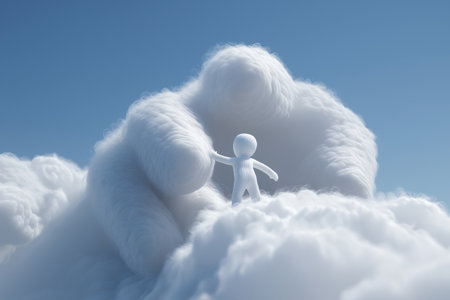 A small 3D figure made of clouds shakes hands with a giant, powerful hand also made of clouds, symbolizing making a deal, agreement, or partnership.の素材