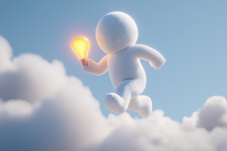 A character made of fabric texture runs through the clouds holding a glowing light bulb, symbolizing carrying a new idea forward with creativity and innovation.の素材
