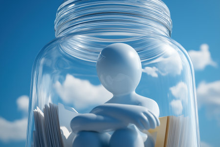 A 3D figure sits with folded arms inside a glass jar filled with papers, symbolizing bureaucracy, being trapped by work, or feeling isolated.の素材