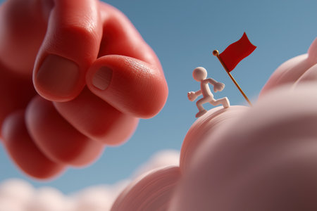 A small 3D figure with a flag runs on a cloud, trying to escape from a giant, menacing red hand, symbolizing overcoming a powerful threat or obstacle.の素材