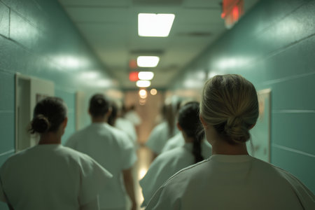 Seen from behind, a group of female prisoners in white gowns walks down a long, sterile, green-toned hallway in a correctional or medical facility.の素材