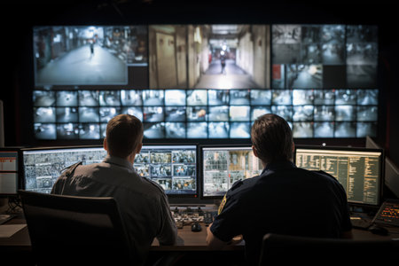 The back view of two male security guards in a dark control room, monitoring a large wall of CCTV screens showing various locations within a prison.の素材