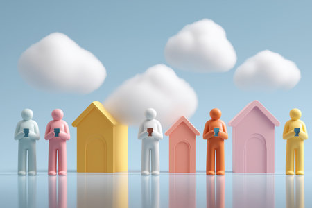 Colorful characters stand next to miniature houses while using smartphones. A business concept for the real estate market, proptech, online property search, and modern living.の素材